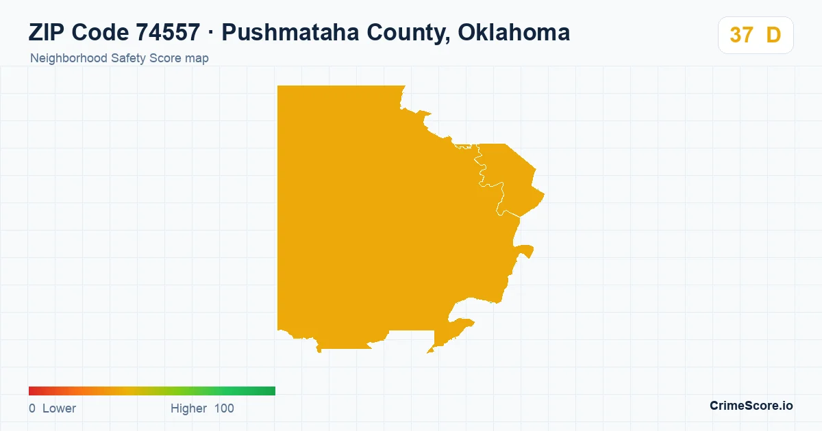 ZIP Code 74557 in Pushmataha County, Oklahoma neighborhood Safety Score map