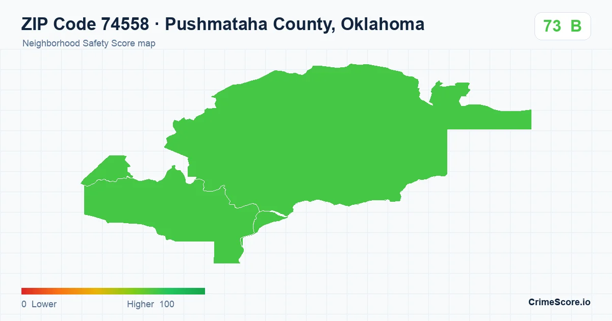 ZIP Code 74558 in Pushmataha County, Oklahoma neighborhood Safety Score map