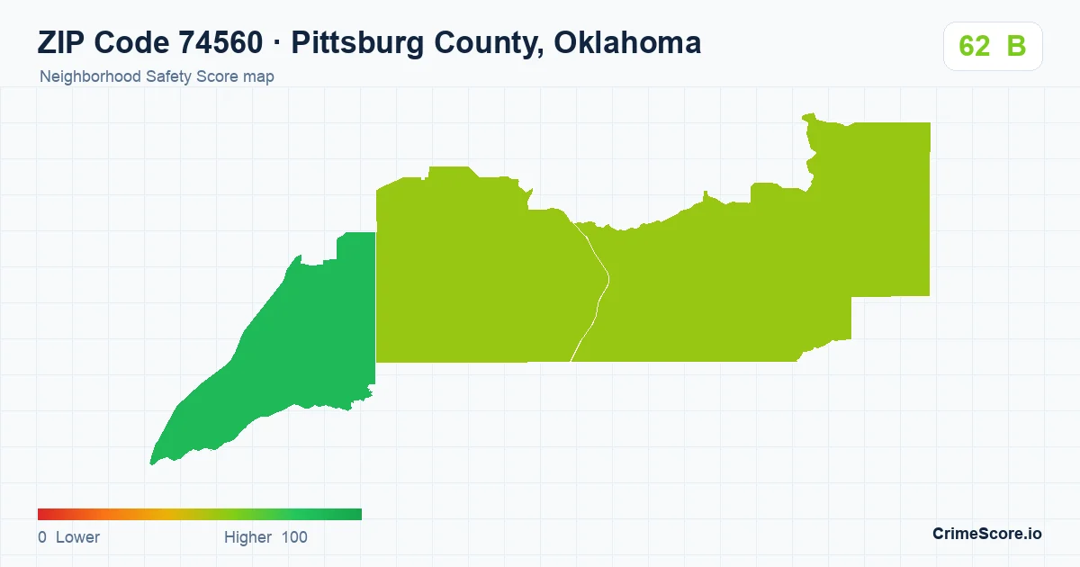 ZIP Code 74560 in Pittsburg County, Oklahoma neighborhood Safety Score map