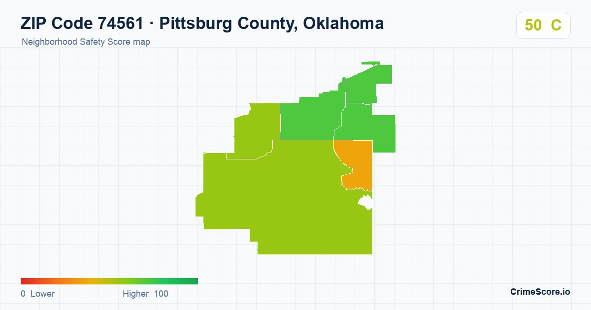 ZIP Code 74561 in Pittsburg County, Oklahoma neighborhood Safety Score map