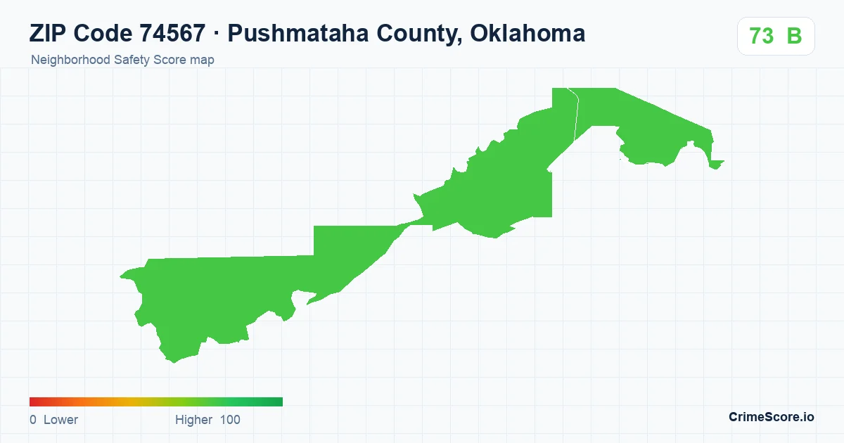 ZIP Code 74567 in Pushmataha County, Oklahoma neighborhood Safety Score map