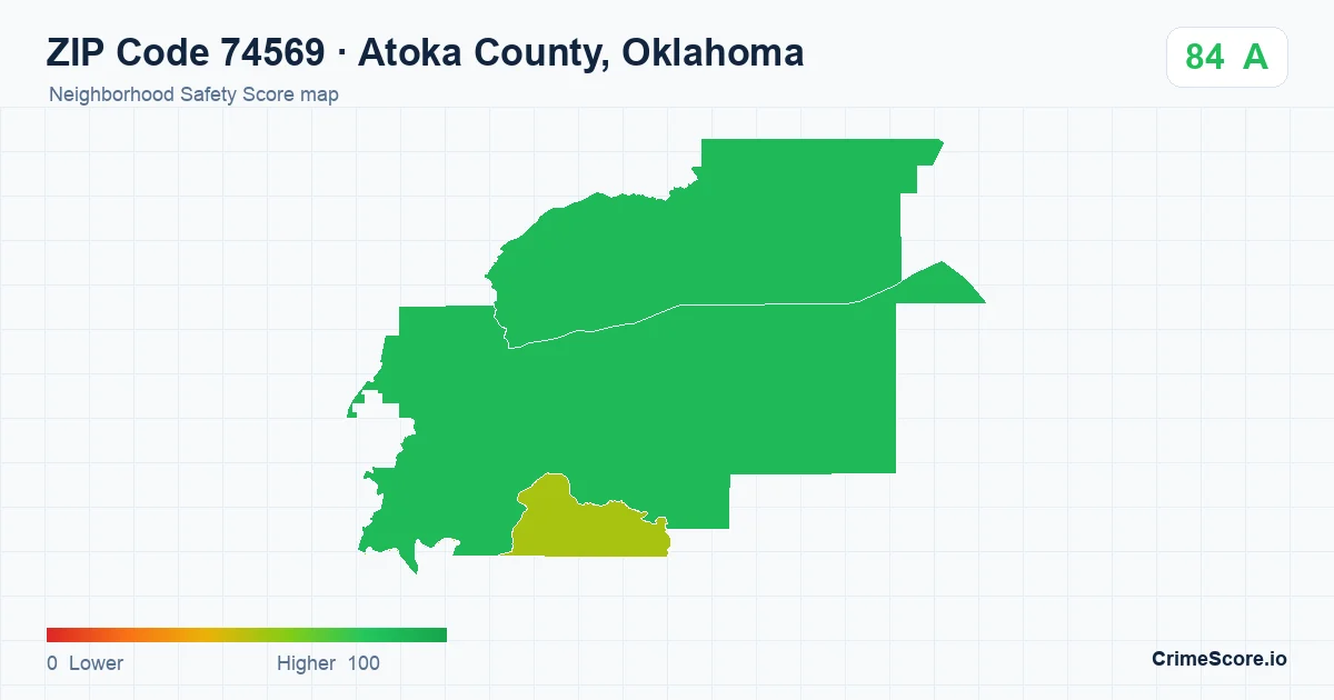 ZIP Code 74569 in Atoka County, Oklahoma neighborhood Safety Score map