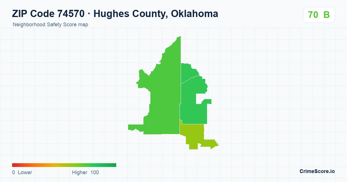 ZIP Code 74570 in Hughes County, Oklahoma neighborhood Safety Score map