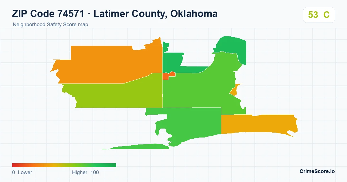 ZIP Code 74571 in Latimer County, Oklahoma neighborhood Safety Score map