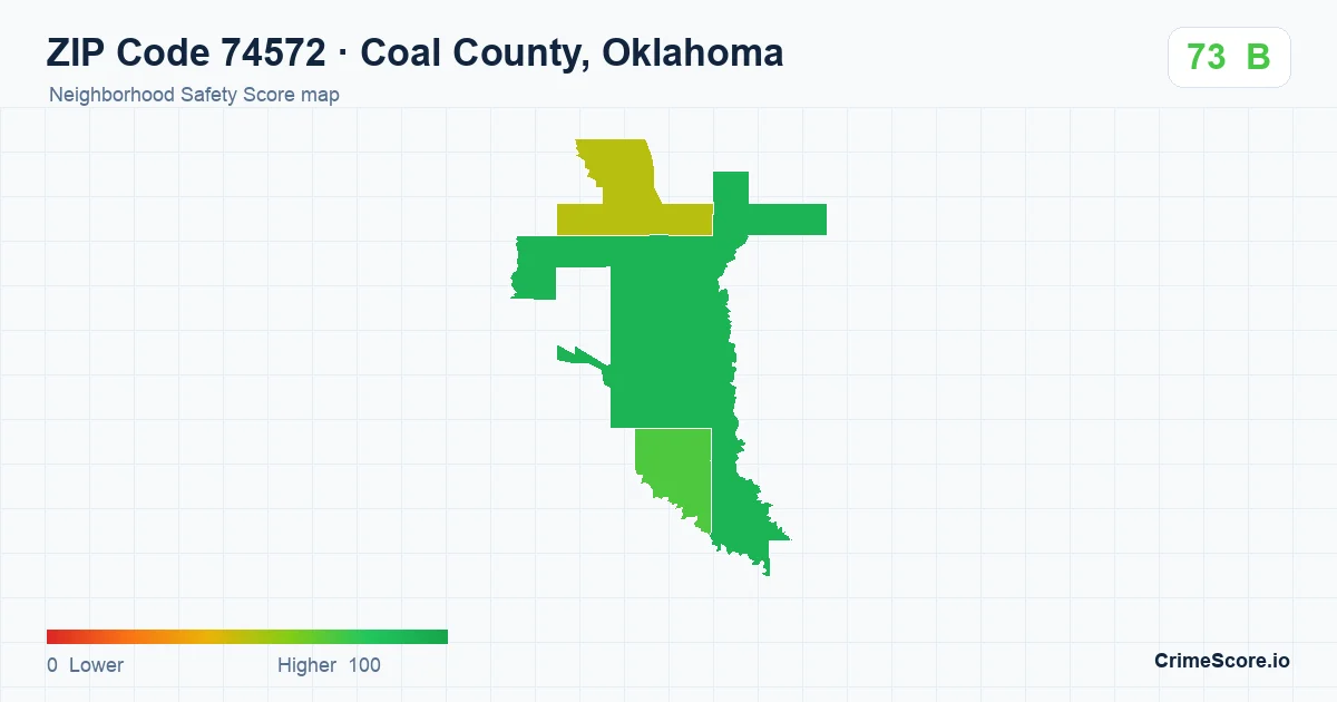 ZIP Code 74572 in Coal County, Oklahoma neighborhood Safety Score map