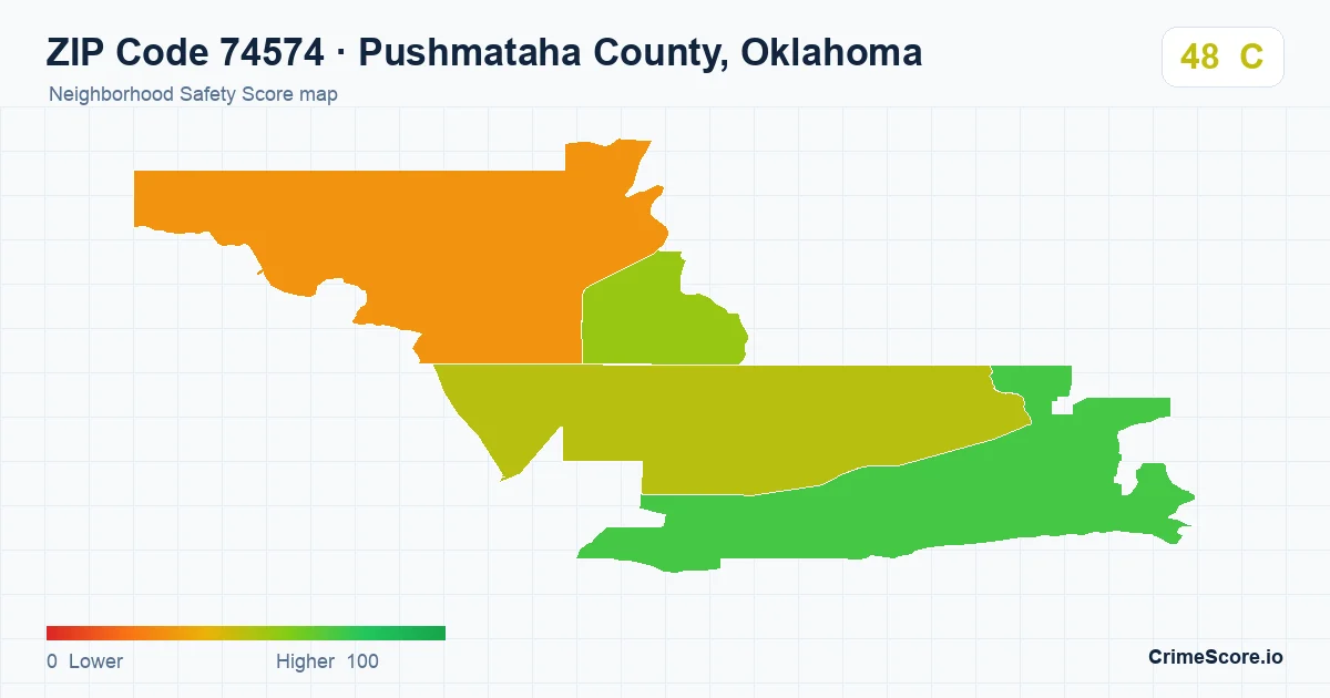 ZIP Code 74574 in Pushmataha County, Oklahoma neighborhood Safety Score map
