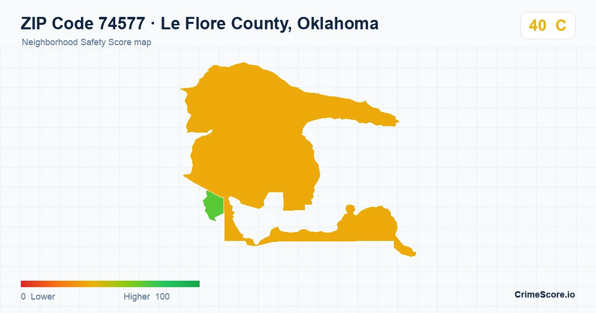 ZIP Code 74577 in Le Flore County, Oklahoma neighborhood Safety Score map