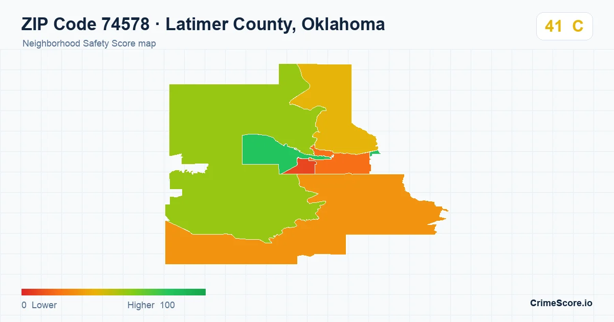 ZIP Code 74578 in Latimer County, Oklahoma neighborhood Safety Score map
