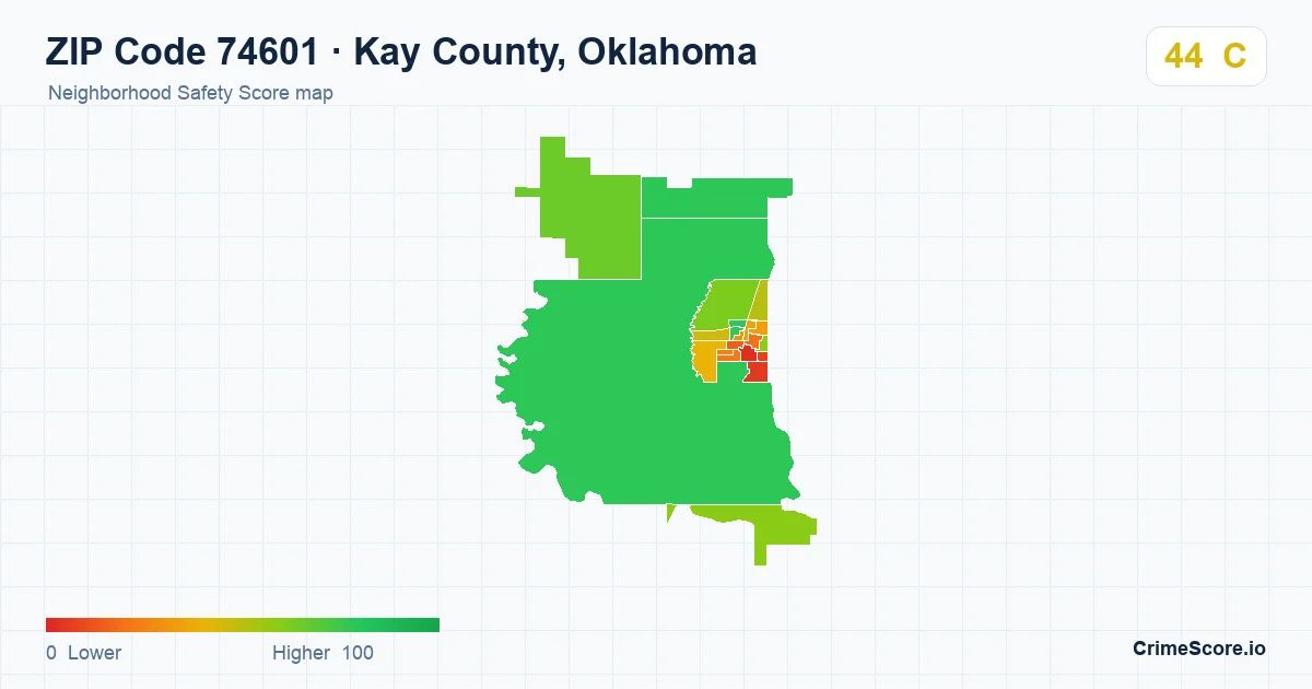 ZIP Code 74601 in Kay County, Oklahoma neighborhood Safety Score map