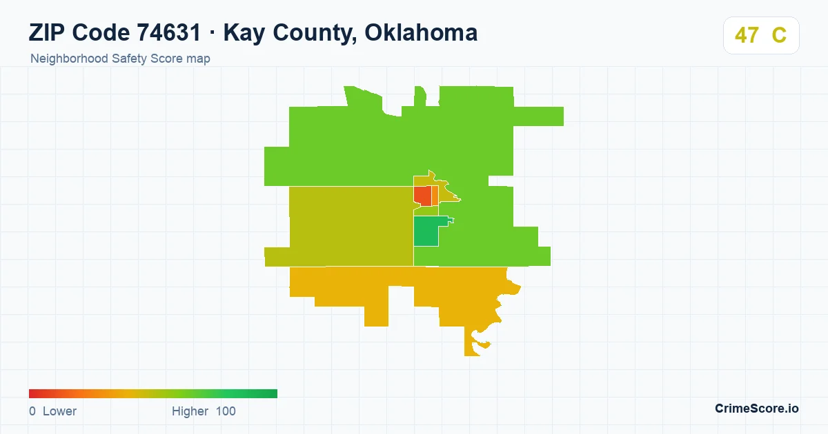 ZIP Code 74631 in Kay County, Oklahoma neighborhood Safety Score map