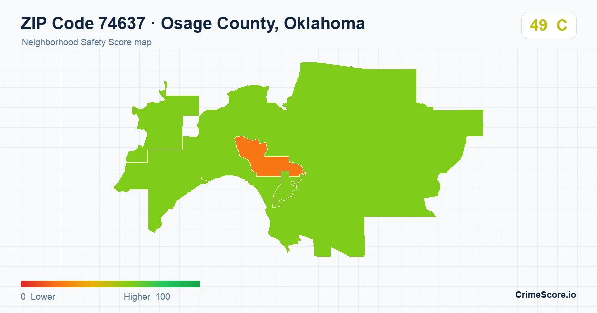 ZIP Code 74637 in Osage County, Oklahoma neighborhood Safety Score map