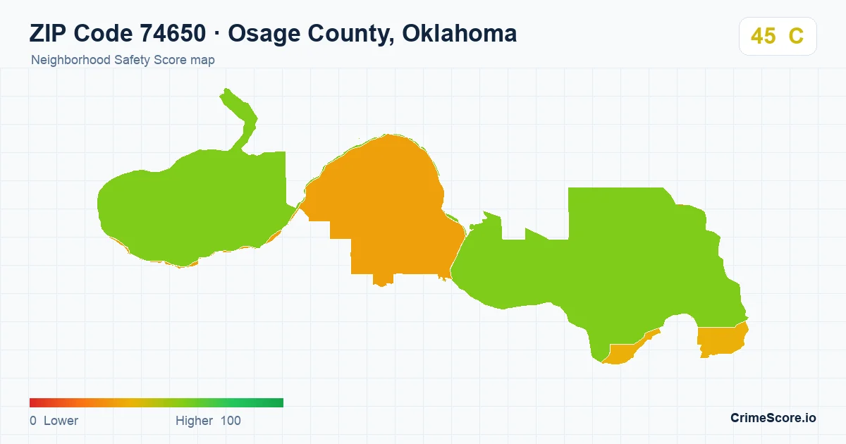 ZIP Code 74650 in Osage County, Oklahoma neighborhood Safety Score map