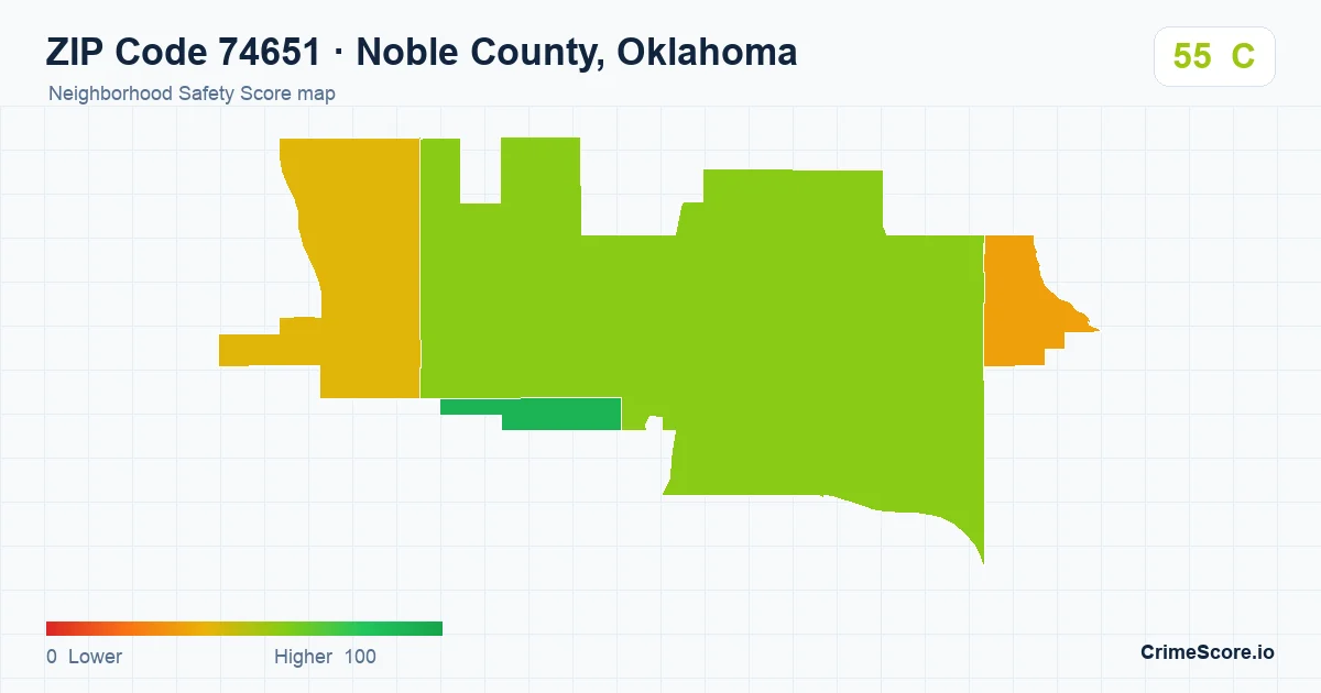 ZIP Code 74651 in Noble County, Oklahoma neighborhood Safety Score map