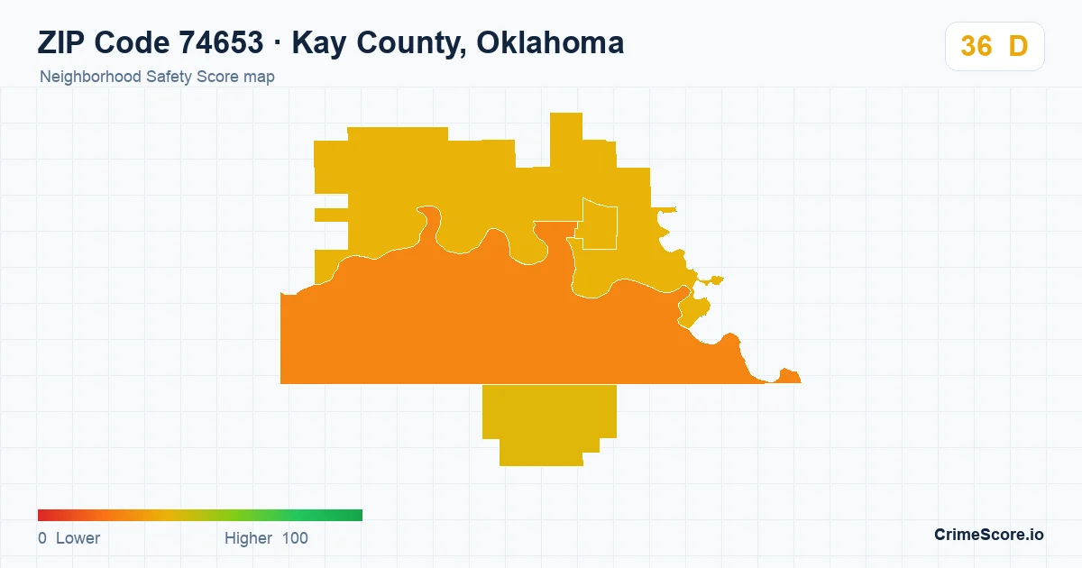 ZIP Code 74653 in Kay County, Oklahoma neighborhood Safety Score map