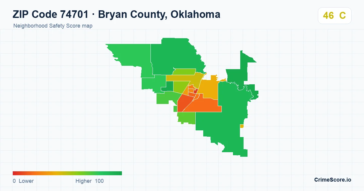 ZIP Code 74701 in Bryan County, Oklahoma neighborhood Safety Score map