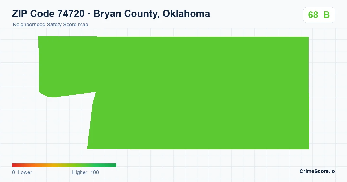ZIP Code 74720 in Bryan County, Oklahoma neighborhood Safety Score map
