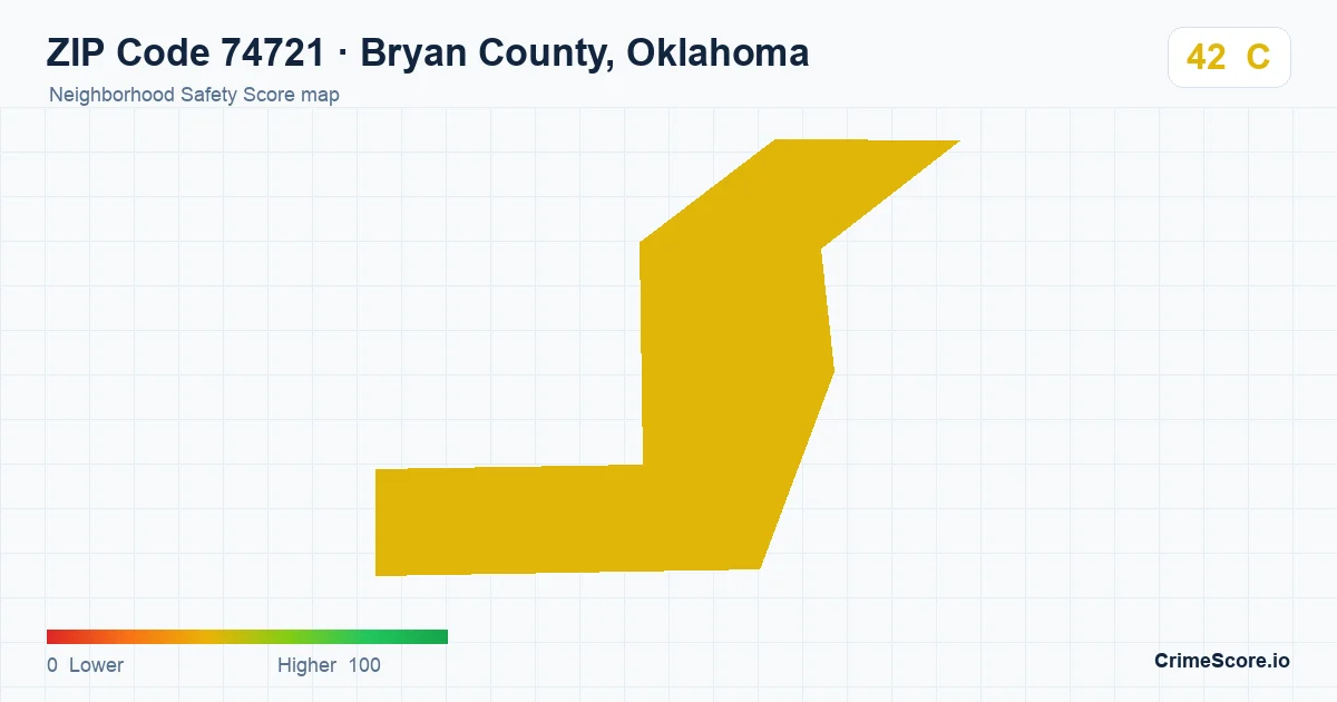 ZIP Code 74721 in Bryan County, Oklahoma neighborhood Safety Score map