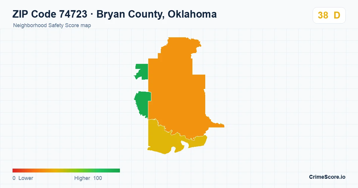 ZIP Code 74723 in Bryan County, Oklahoma neighborhood Safety Score map