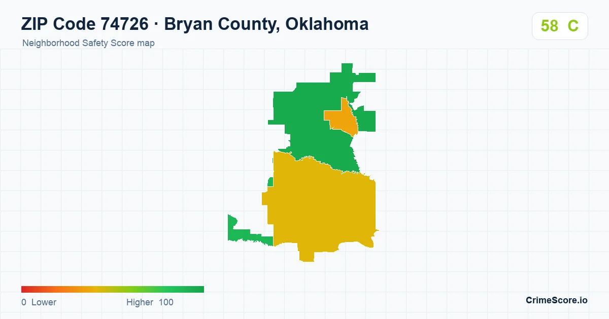 ZIP Code 74726 in Bryan County, Oklahoma neighborhood Safety Score map