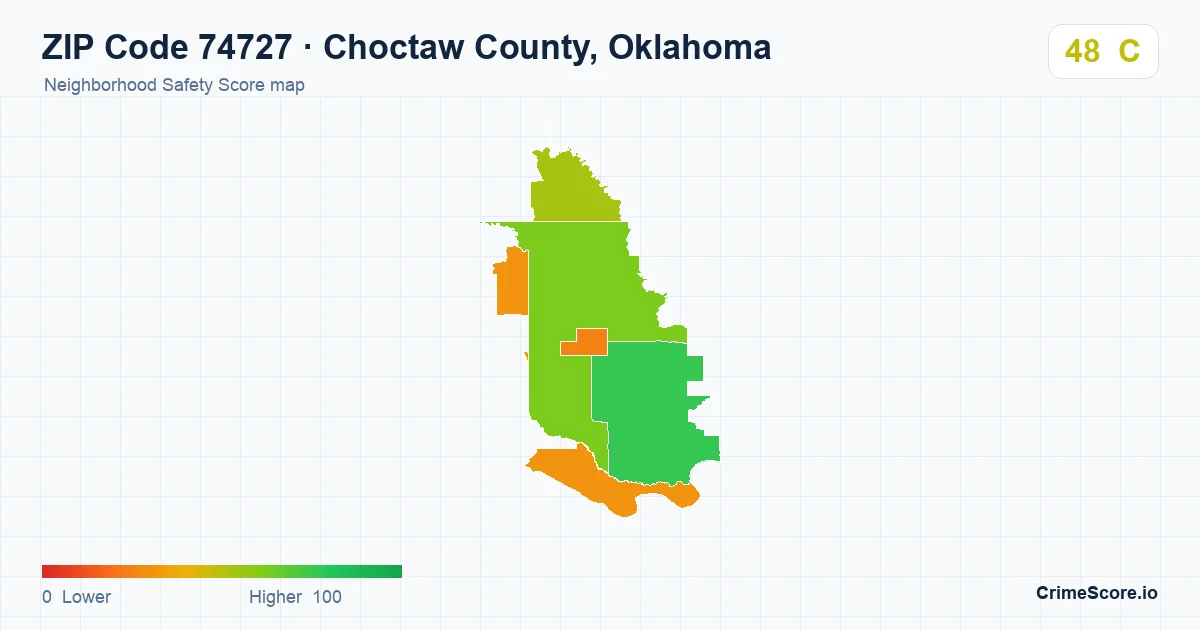 ZIP Code 74727 in Choctaw County, Oklahoma neighborhood Safety Score map
