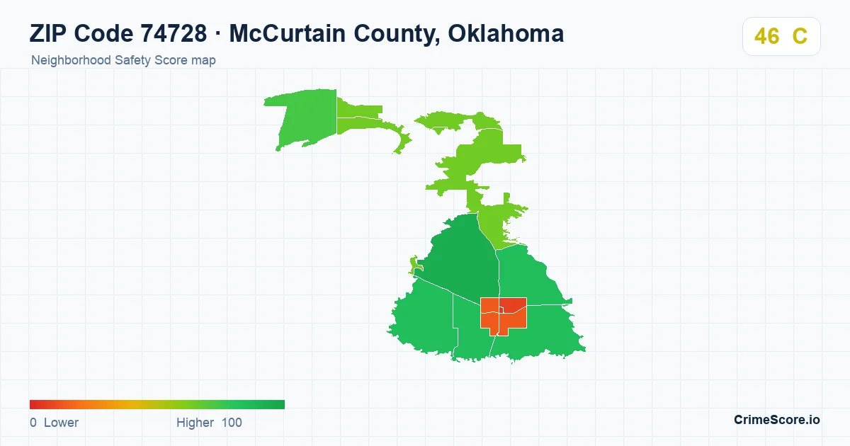 ZIP Code 74728 in McCurtain County, Oklahoma neighborhood Safety Score map