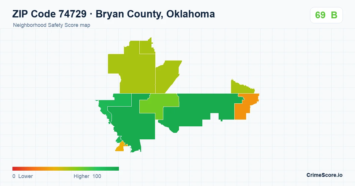 ZIP Code 74729 in Bryan County, Oklahoma neighborhood Safety Score map