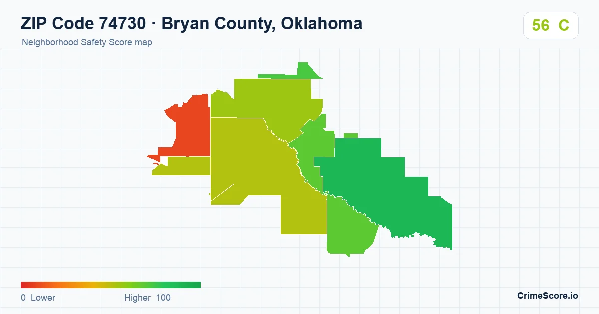 ZIP Code 74730 in Bryan County, Oklahoma neighborhood Safety Score map