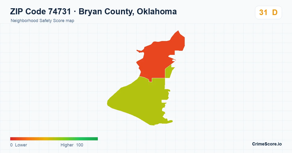 ZIP Code 74731 in Bryan County, Oklahoma neighborhood Safety Score map