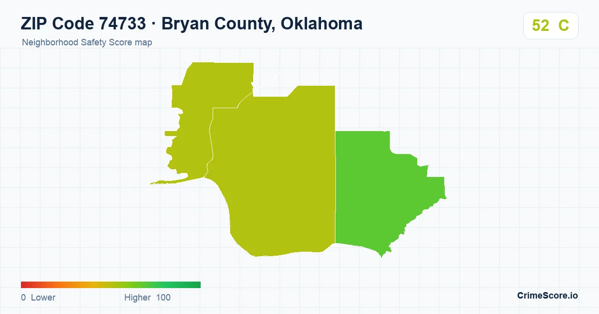 ZIP Code 74733 in Bryan County, Oklahoma neighborhood Safety Score map