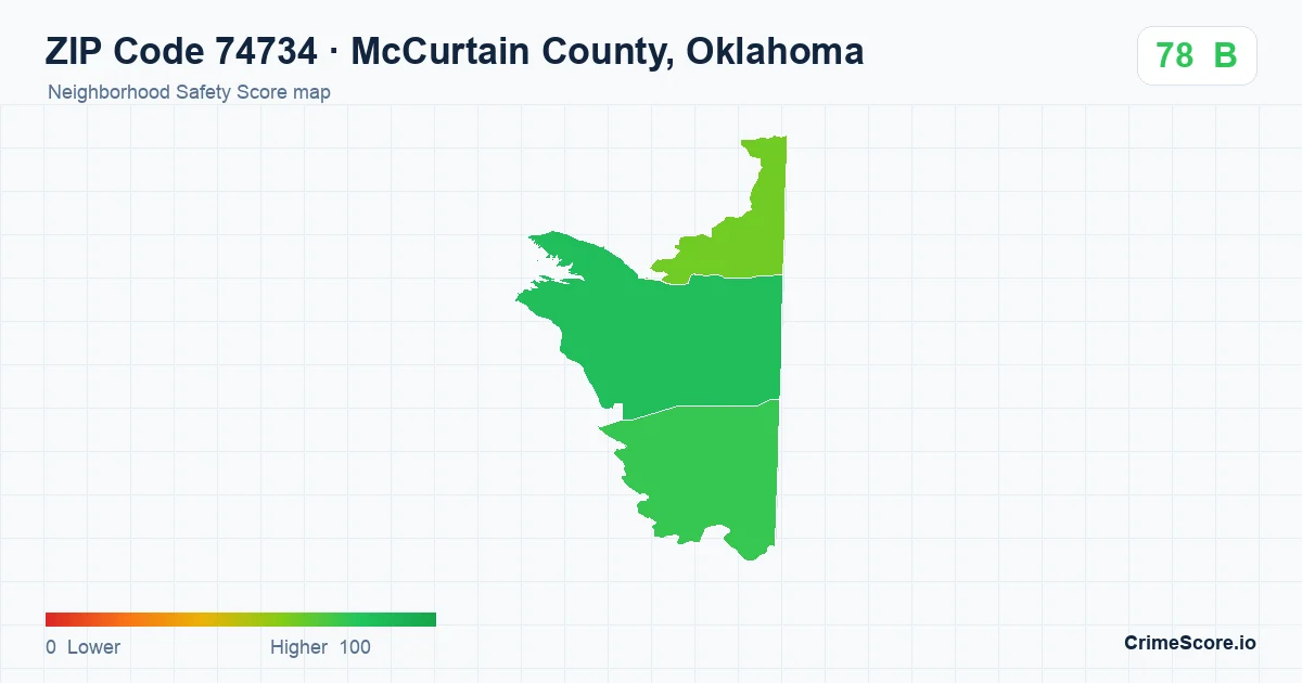 ZIP Code 74734 in McCurtain County, Oklahoma neighborhood Safety Score map