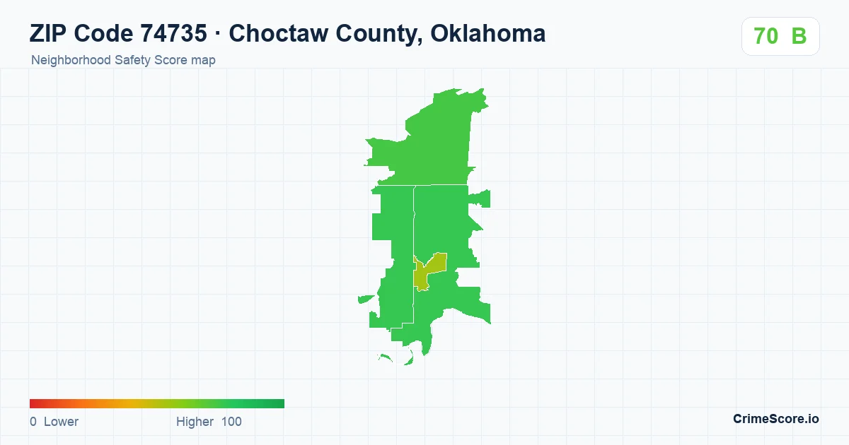 ZIP Code 74735 in Choctaw County, Oklahoma neighborhood Safety Score map
