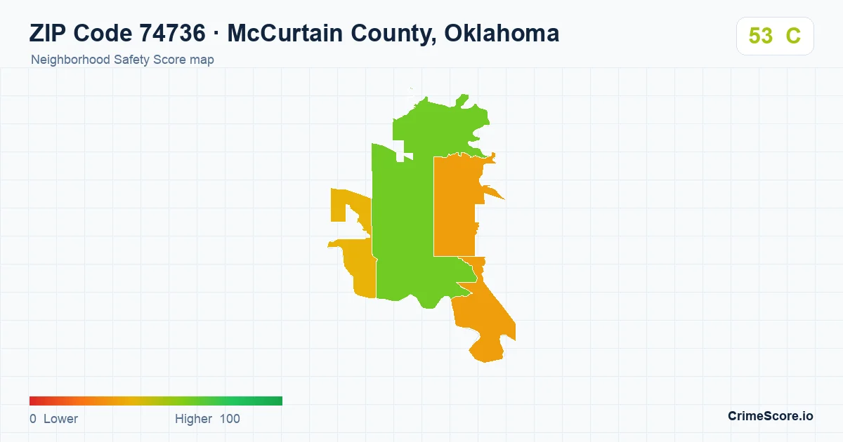 ZIP Code 74736 in McCurtain County, Oklahoma neighborhood Safety Score map