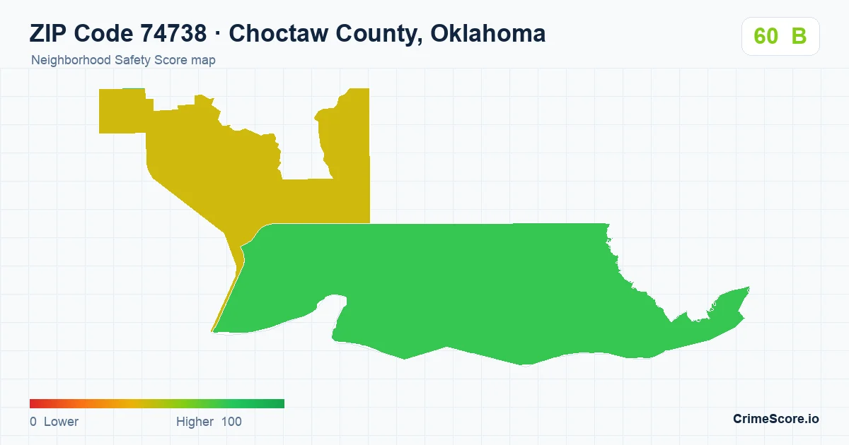 ZIP Code 74738 in Choctaw County, Oklahoma neighborhood Safety Score map