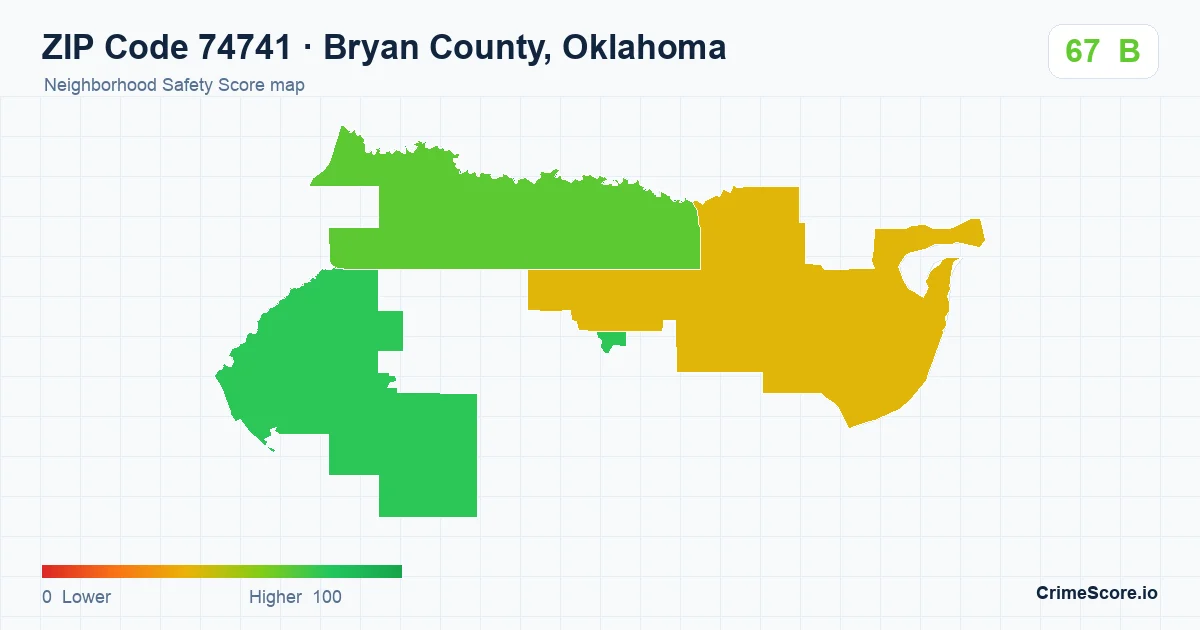 ZIP Code 74741 in Bryan County, Oklahoma neighborhood Safety Score map