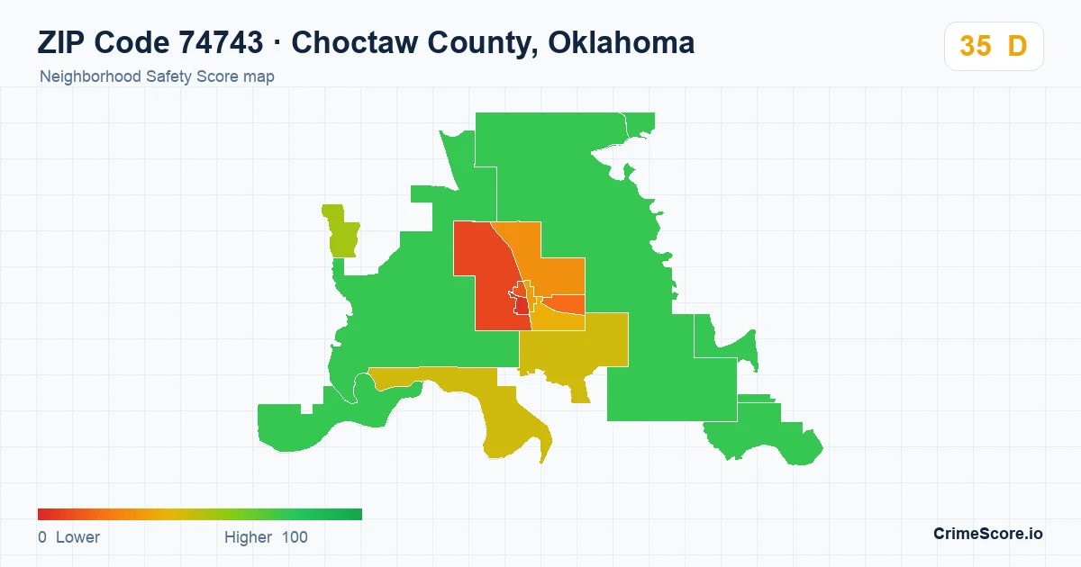 ZIP Code 74743 in Choctaw County, Oklahoma neighborhood Safety Score map