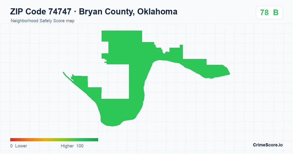 ZIP Code 74747 in Bryan County, Oklahoma neighborhood Safety Score map