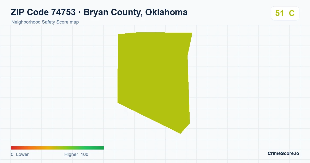 ZIP Code 74753 in Bryan County, Oklahoma neighborhood Safety Score map