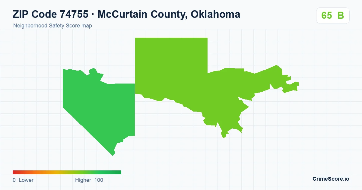 ZIP Code 74755 in McCurtain County, Oklahoma neighborhood Safety Score map