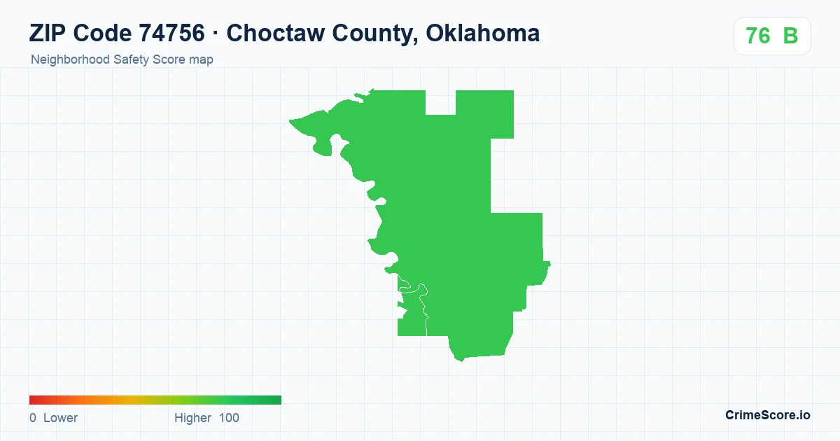 ZIP Code 74756 in Choctaw County, Oklahoma neighborhood Safety Score map