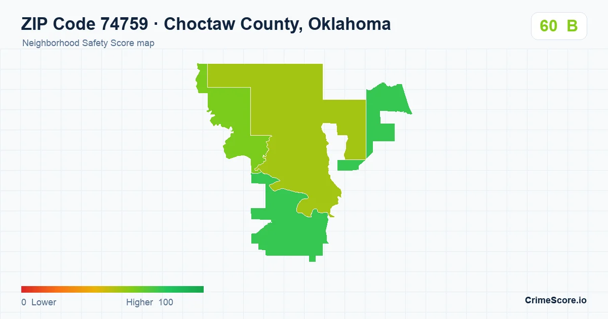ZIP Code 74759 in Choctaw County, Oklahoma neighborhood Safety Score map
