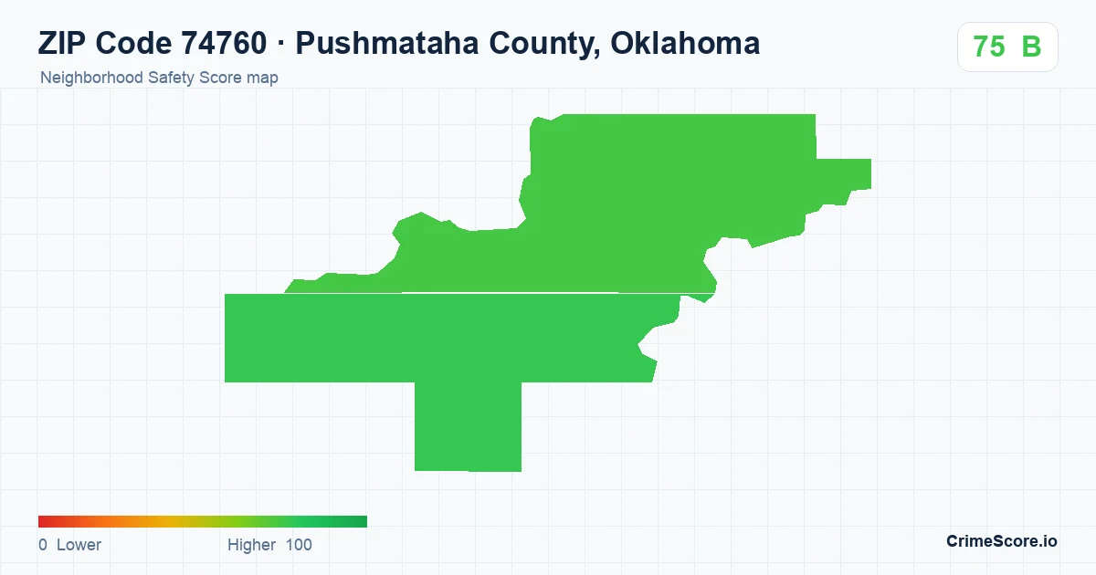 ZIP Code 74760 in Pushmataha County, Oklahoma neighborhood Safety Score map