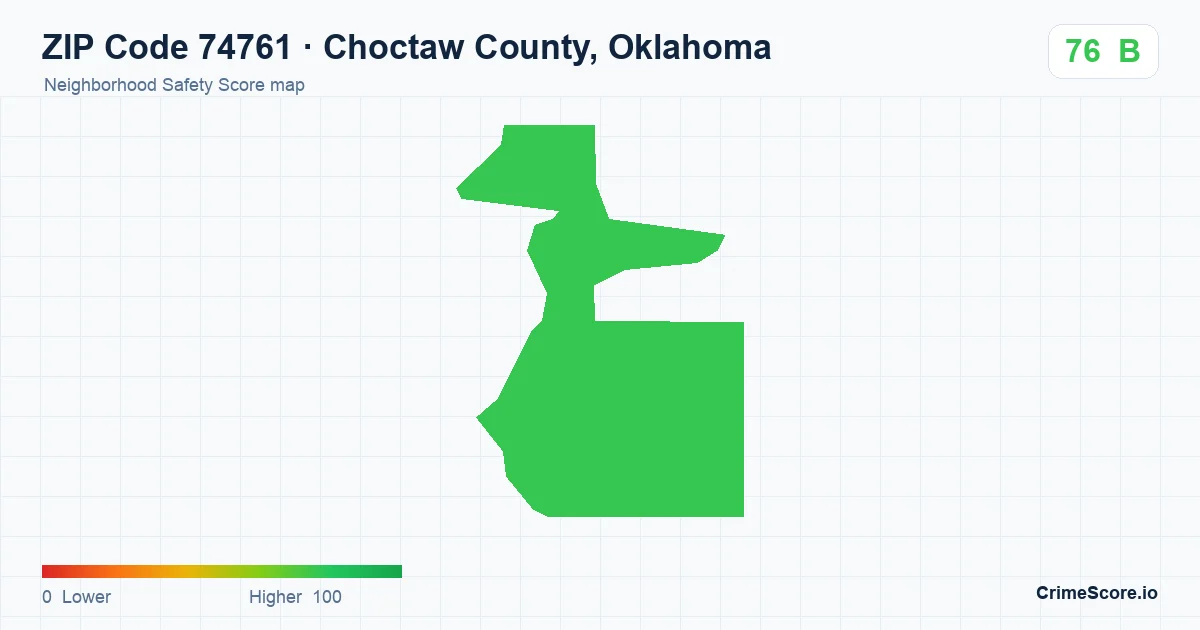 ZIP Code 74761 in Choctaw County, Oklahoma neighborhood Safety Score map