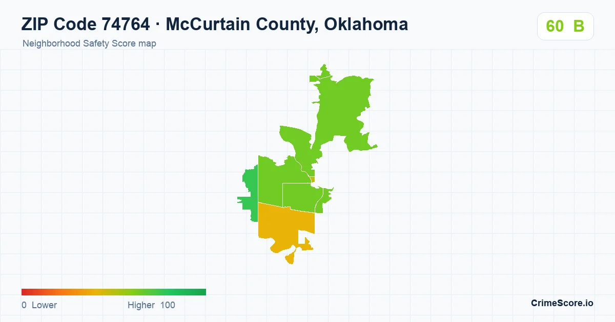 ZIP Code 74764 in McCurtain County, Oklahoma neighborhood Safety Score map
