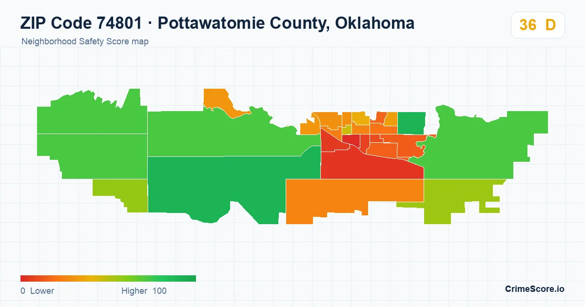 ZIP Code 74801 in Pottawatomie County, Oklahoma neighborhood Safety Score map