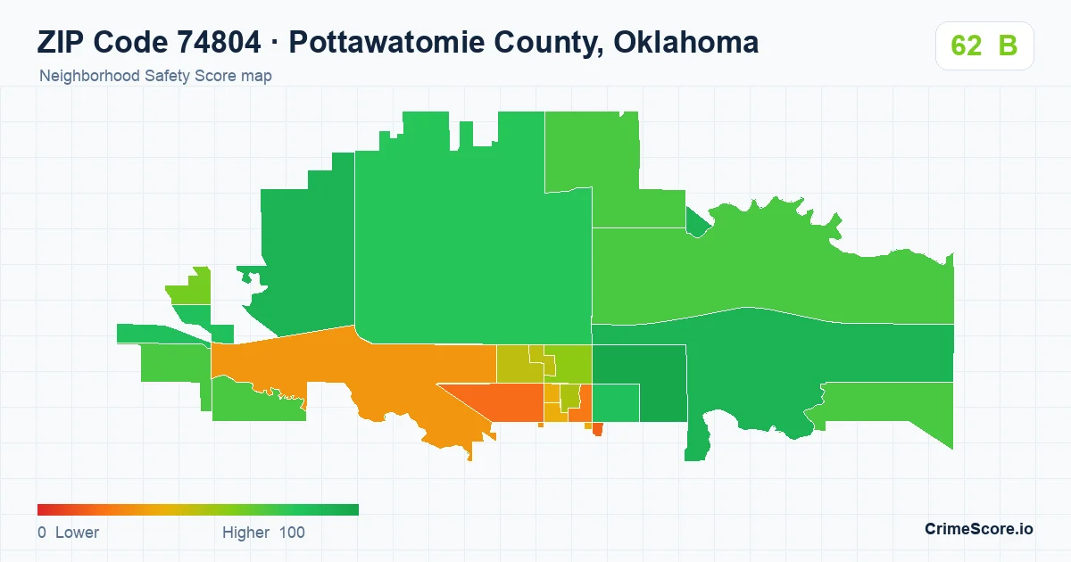 ZIP Code 74804 in Pottawatomie County, Oklahoma neighborhood Safety Score map