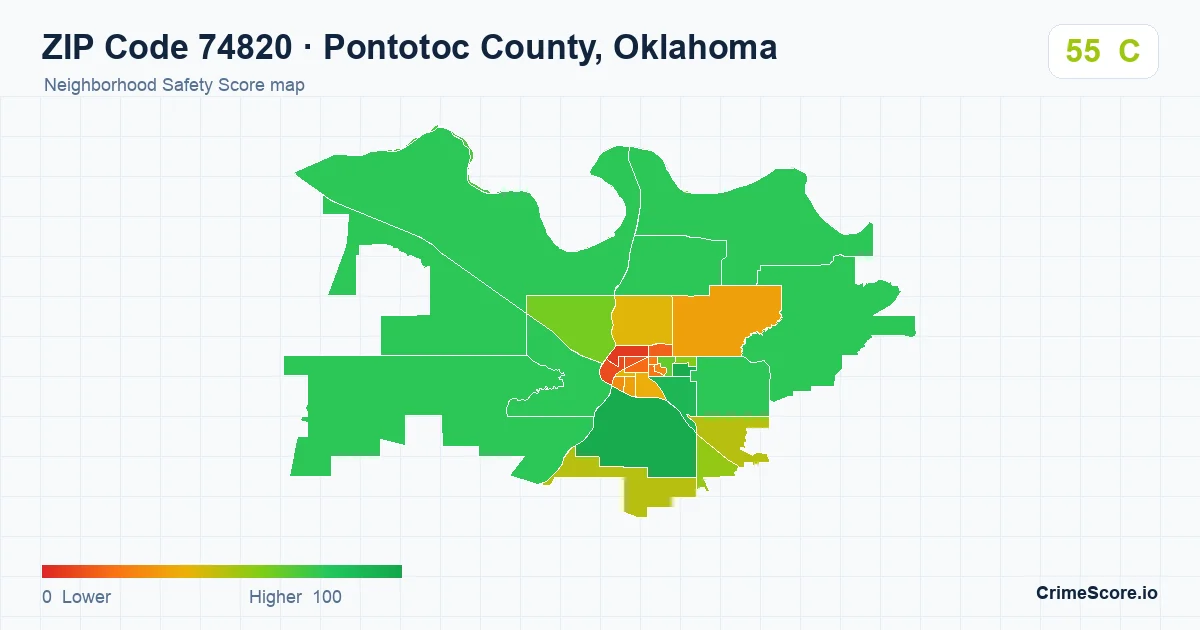 ZIP Code 74820 in Pontotoc County, Oklahoma neighborhood Safety Score map
