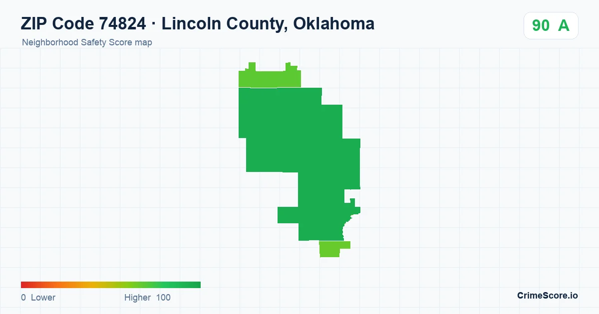 ZIP Code 74824 in Lincoln County, Oklahoma neighborhood Safety Score map