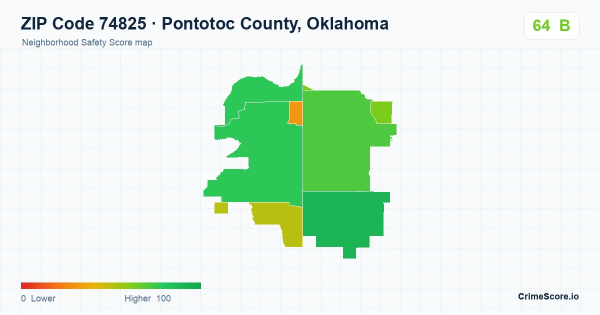 ZIP Code 74825 in Pontotoc County, Oklahoma neighborhood Safety Score map