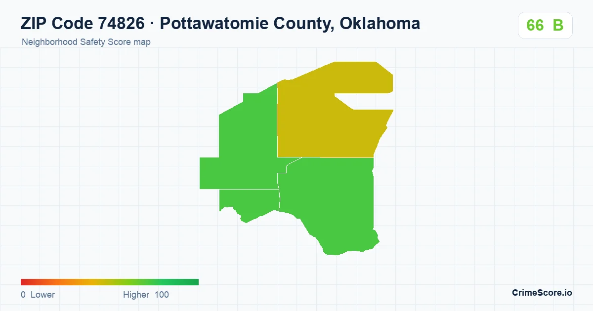 ZIP Code 74826 in Pottawatomie County, Oklahoma neighborhood Safety Score map