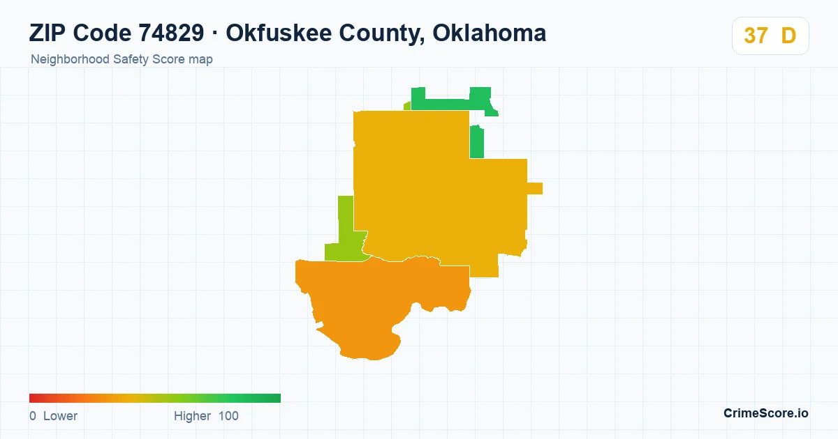 ZIP Code 74829 in Okfuskee County, Oklahoma neighborhood Safety Score map